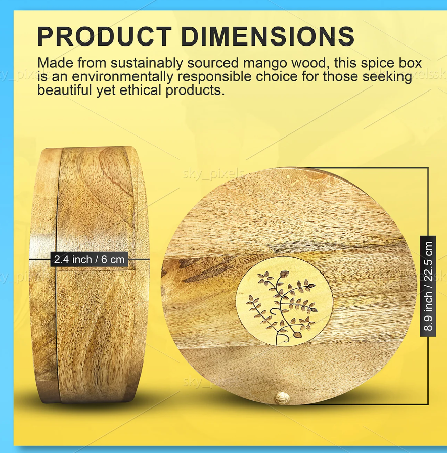 Premium Mango Wood Spice Box-7 Section (9"L x 9" W x 3" H)