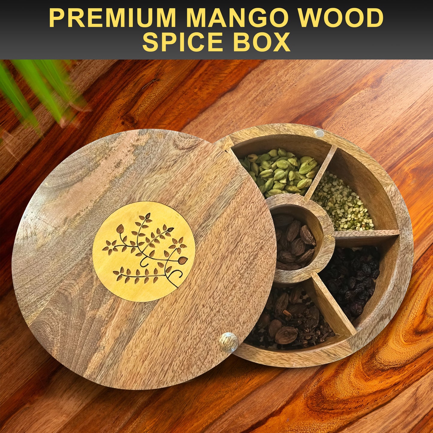 Premium Mango Wood Spice Box-7 Section (9"L x 9" W x 3" H)